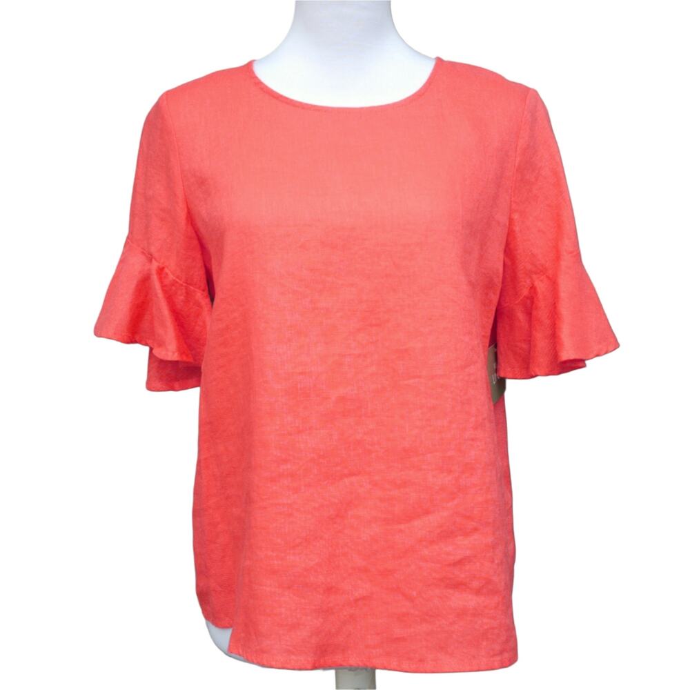 For Cynthia 100% Linen Ruffle Sleeve Blouse Top Coral Pink Orange Small Boxy